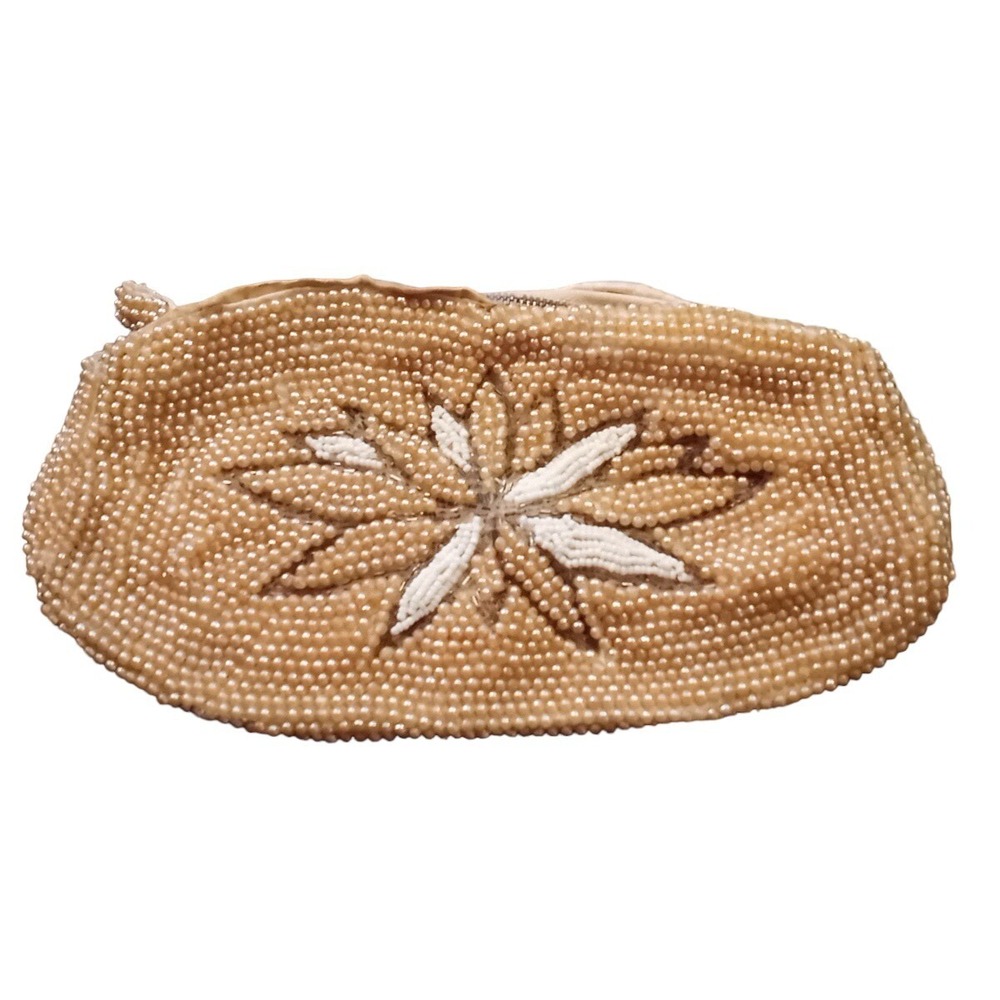 Vtg Debbie Faux Pearl Flower Beaded Purse Bag Clutch Japan Zip Close 9.5x5" READ